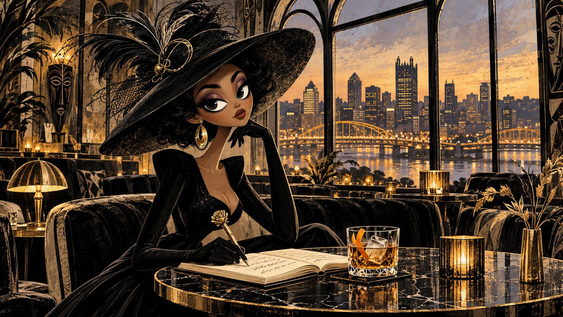 Stylish illustrated woman in a dramatic black hat writes in a journal beside a cocktail, overlooking Pittsburgh’s skyline at dusk.