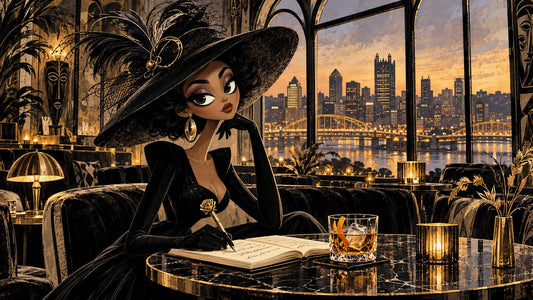Stylish illustrated woman in a dramatic black hat writes in a journal beside a cocktail, overlooking Pittsburgh’s skyline at dusk.