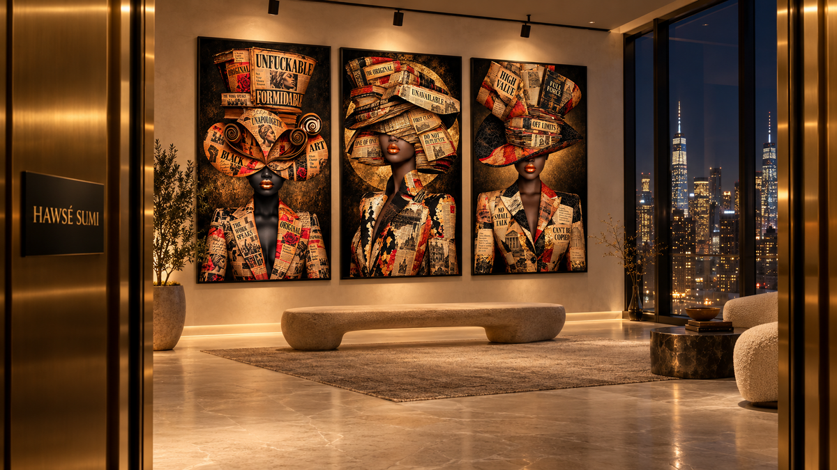 Gallery mockup displaying three HAWSÉ SUMI portraits of Black women in newspaper-inspired hats and clothing, surrounded by warm lighting and gold accents.