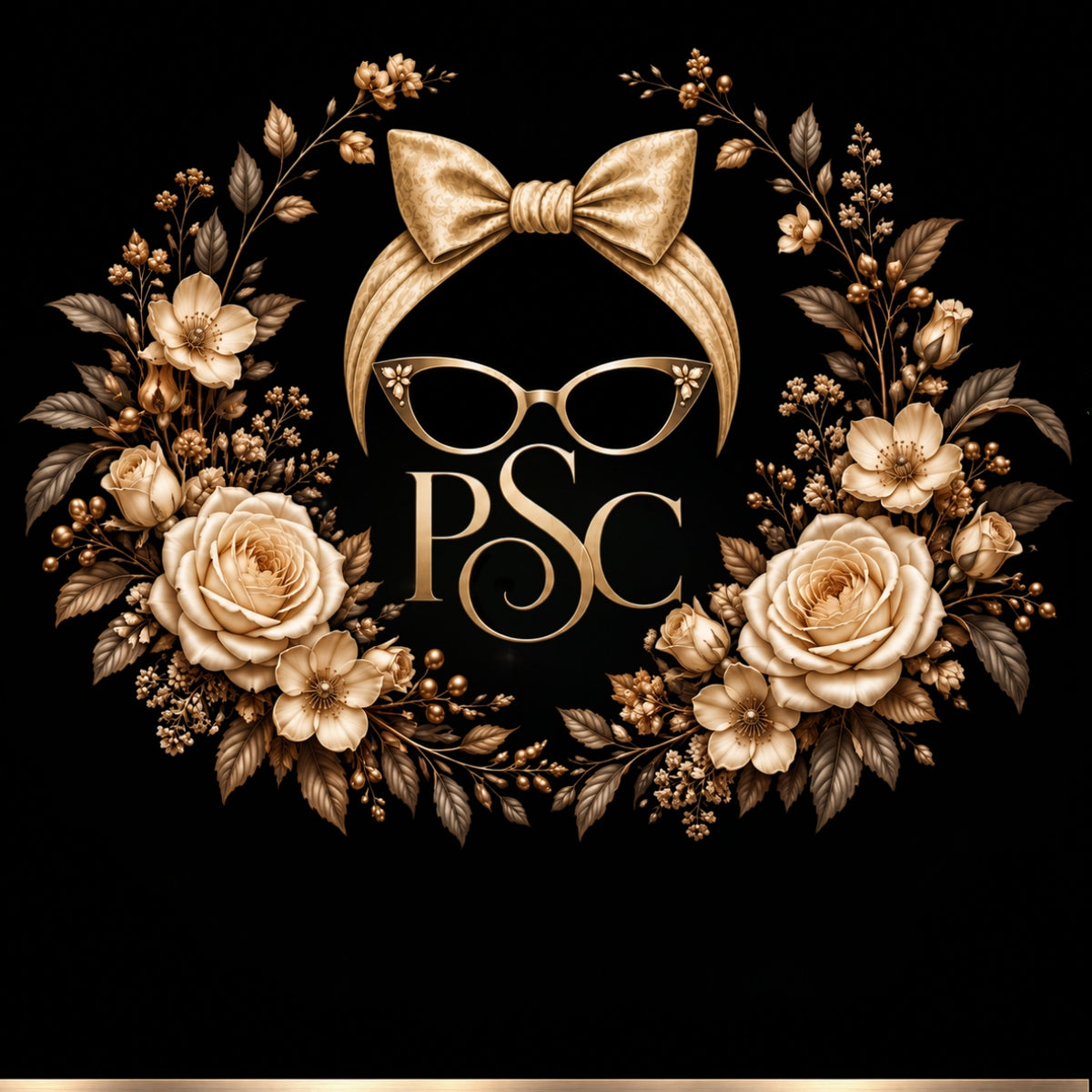 Pepper Saint Clair’s gold PSC monogram beneath jeweled cat-eye glasses and a bow headband, framed by sepia roses and bronze foliage on black.