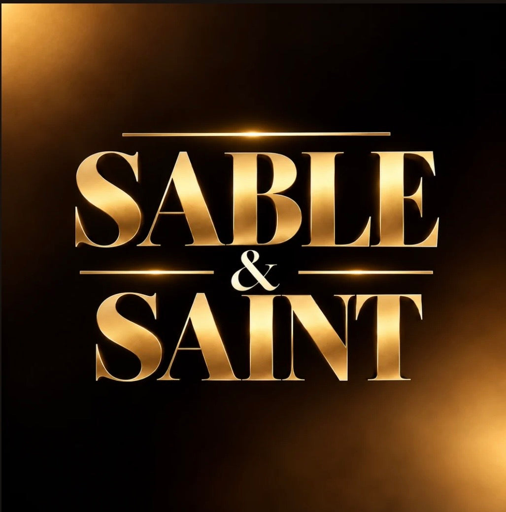 SABLE & SAINT logo in metallic gold lettering on a black background with warm gold highlights.