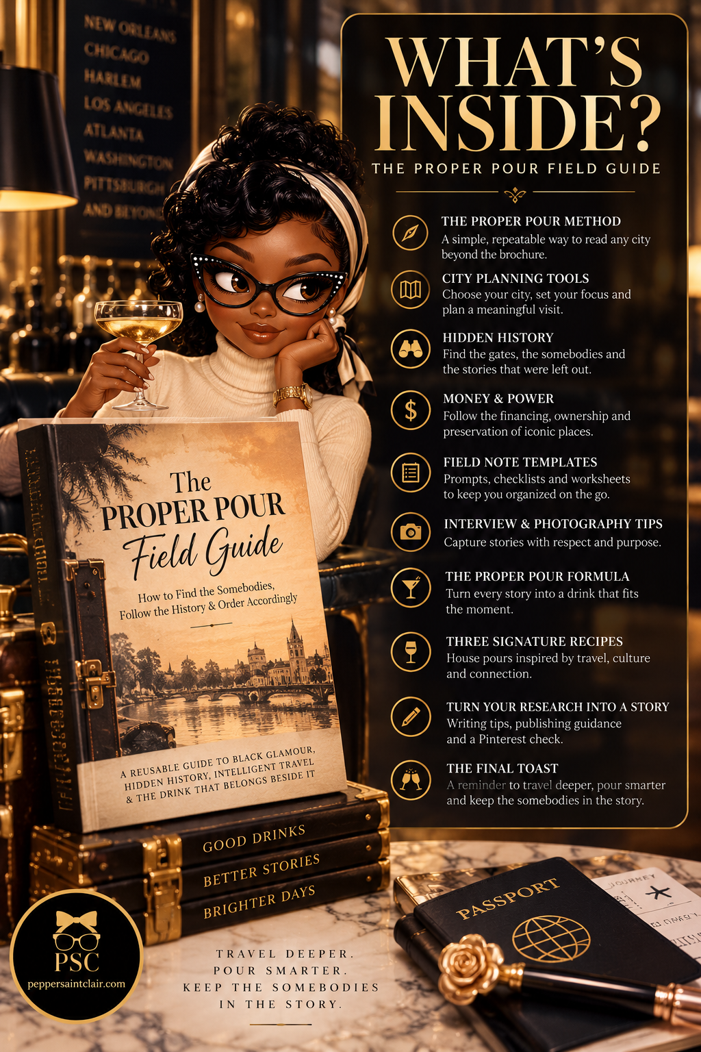Pepper Saint Clair with The Proper Pour Field Guide beside a “What’s Inside?” overview featuring travel planning, hidden Black history research, field notes, interview and photography tips, cocktail formulas, signature recipes, storytelling guidance, and the final toast.